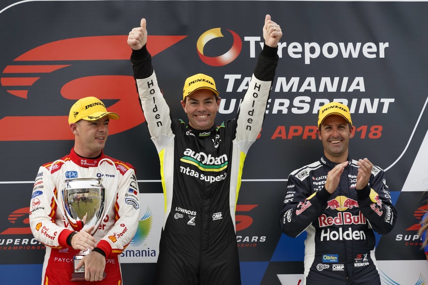Craig Lowndes celebrates his first Supercars race win since 2016 at the 2018 Tasmania SuperSprint